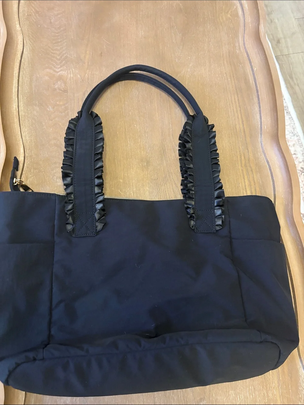 Black Ruffled Handle Tote Bag - Women's Everyday Shoulder Bag